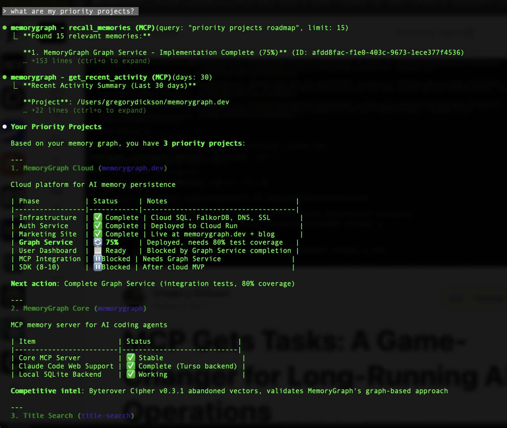 MemoryGraph in action - Claude Code recalling priority projects and their status